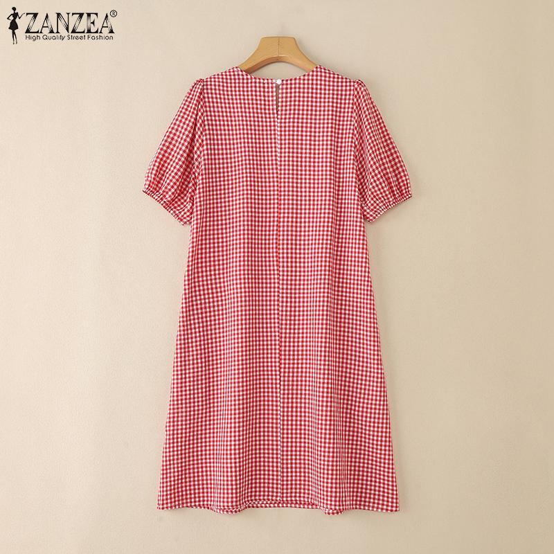 ZANZEA Damen Freizeit Rundhals Gitterdruck Sommer Kurzarm Kleid