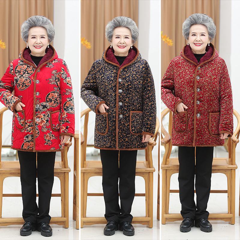 Women's Mid-Length Winter Jacket: Grandma Style, Fleece-Lined, Thickened Cotton for 60s-70s Cold Protection.
