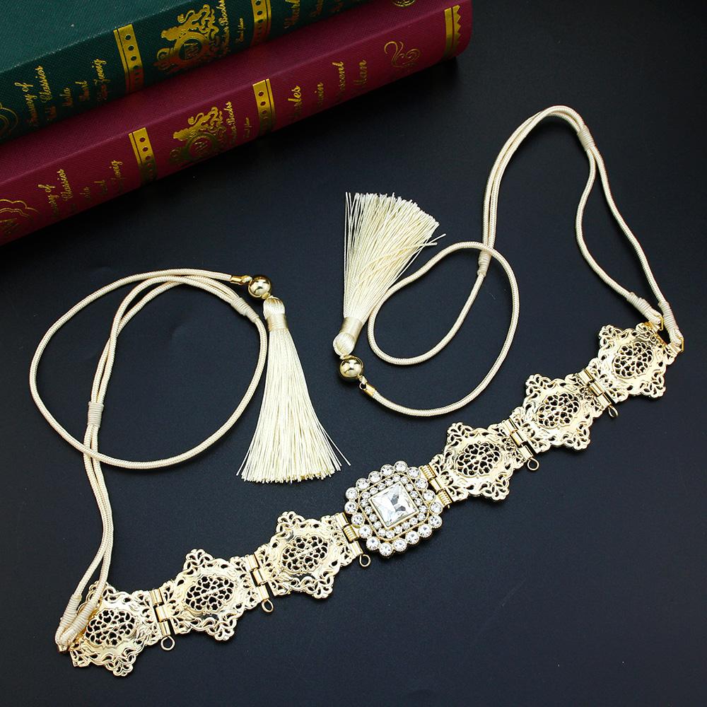 Gold Women's Fringe Belt Hand Rope Waist Chain Crystal Bridal Dress Belt Jewelry