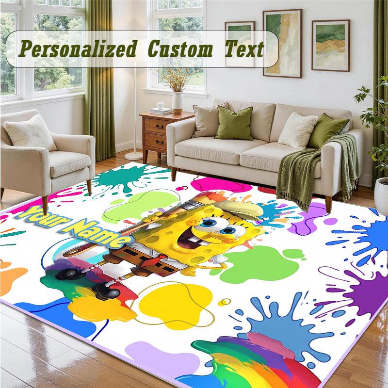 Crystal Velvet Square Rug Custom NameSpongeBob Pattern Non Slip Home Floor Decor Rug