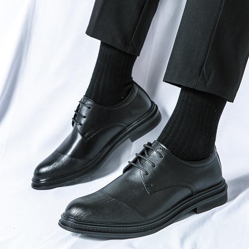 New Korean Fashion Brand Men's Pointed Block Comfortable Leather Shoes Spring Men Business Lace Up Formal Wedding Leather Shoes
