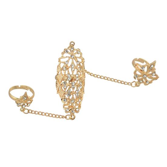 Offener Ring mit Strasssteinen, Legierung, goldfarben, hohles Blatt, Doppel-Finger-Kettenring für Dates