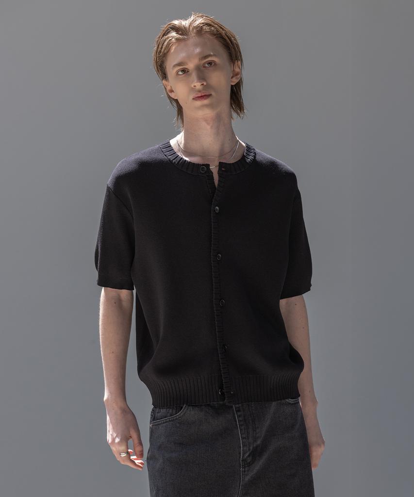 Dekkoloso Panel Rib Short Sleeve Summer Round Cardigan [Black]