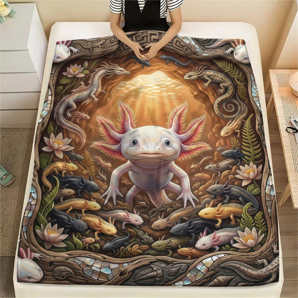 1PC Axolotl  Print FlAannel Blanket, High Quality Comfortable for All Seasons, Home Decor, Warmth and Comfort
