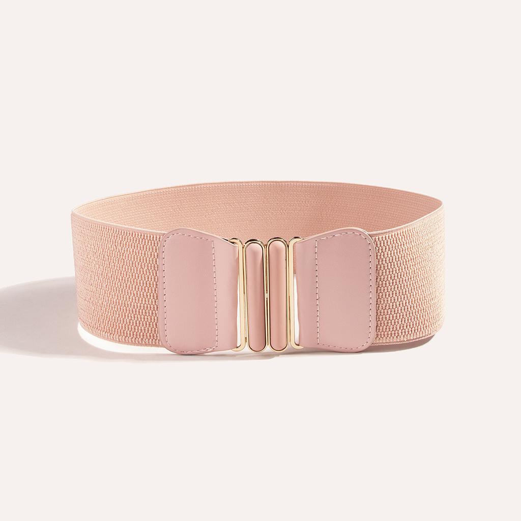 Koreanisches Damenkleid mit doppeltem ovalen Schnallenpaar, elastischem Gürtel, dekorativem Touch-Lackleder, breitem Taillenbund