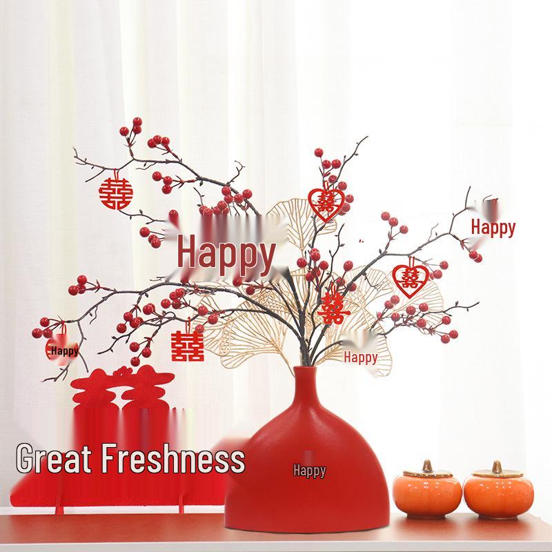 Red Berry Bonsai Scene Ornament for Wedding and Living Room Decor