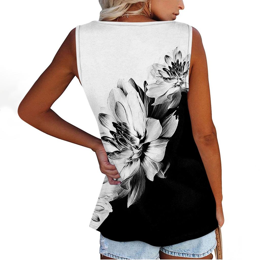 Women Summer Sleeveless Casual Floral Printed O-Neck T-Shirt Tops Blouse