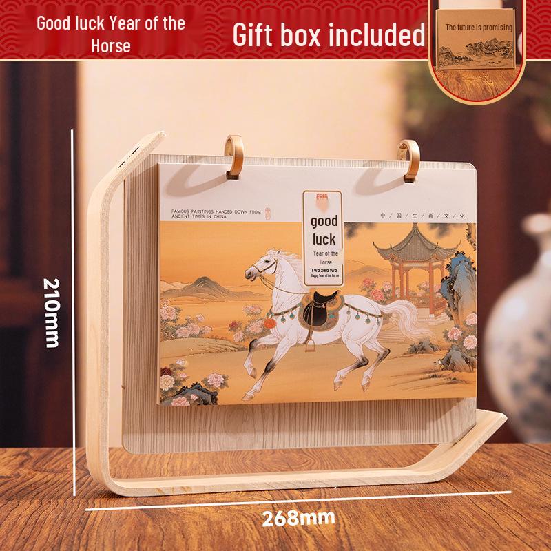 Luxus Holz Schreibtischkalender Geschenkset: Anpassbares Jahr des Pferdes 2026 mit Logo für Kunden