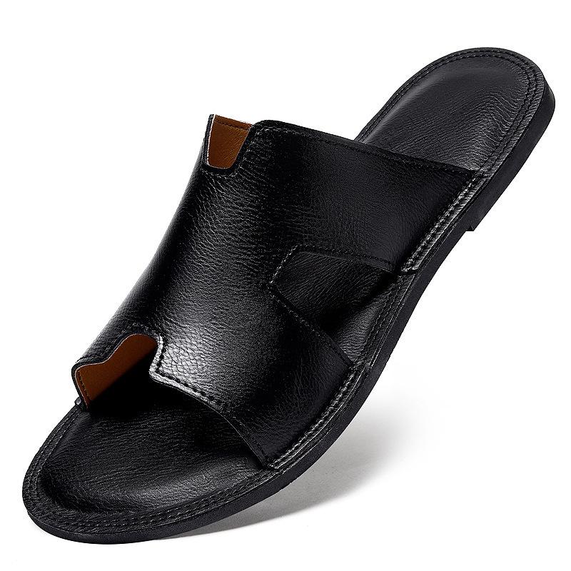Men's Genuine Leather Cross Strap Slip-on Slippers, Size 46-47, Non-slip Outdoor Beach Flip Flops