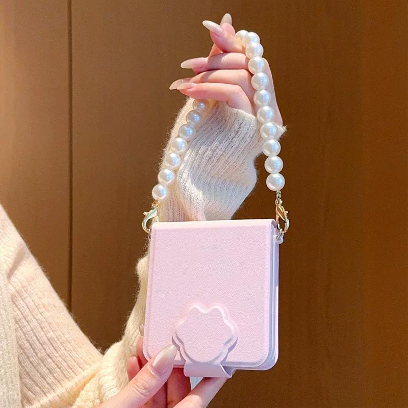 Pink Flip Book phone case for Samsung Z Flip 6 ZFlip5 OPPO Find N2 Flip / OPPO Find N3 Flip/Xiaomi Mix Flip Case with pearl chain