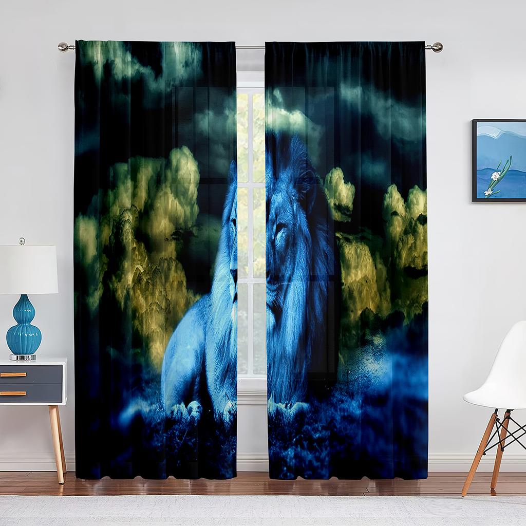 Fantasy Lion Starry Sky Tulle Curtains for Bedroom Living Room Decor Chiffon Sheer Voile Curtain for Balcony Kitchen Home Drape