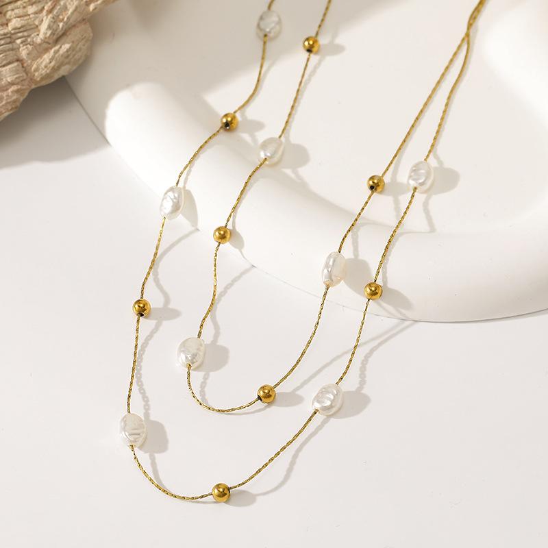 French Imitation Baroque Pearl Necklace Gentle Daily Small Gold Beads Stainless Steel Snake Bone Chain Stacked Wear Ladies Jewelry