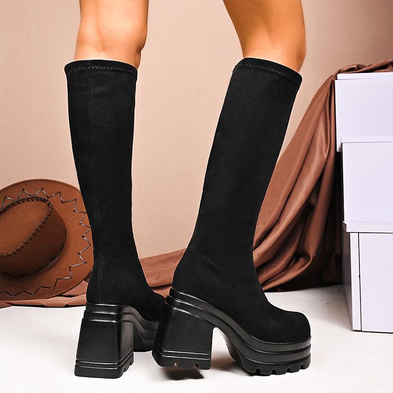 Fashion New Women's Chunky Platform Knee-High Boots Thick High Heels Punk Long Boots Woman Plus Size Slim Stretch Autumn Winter Boots