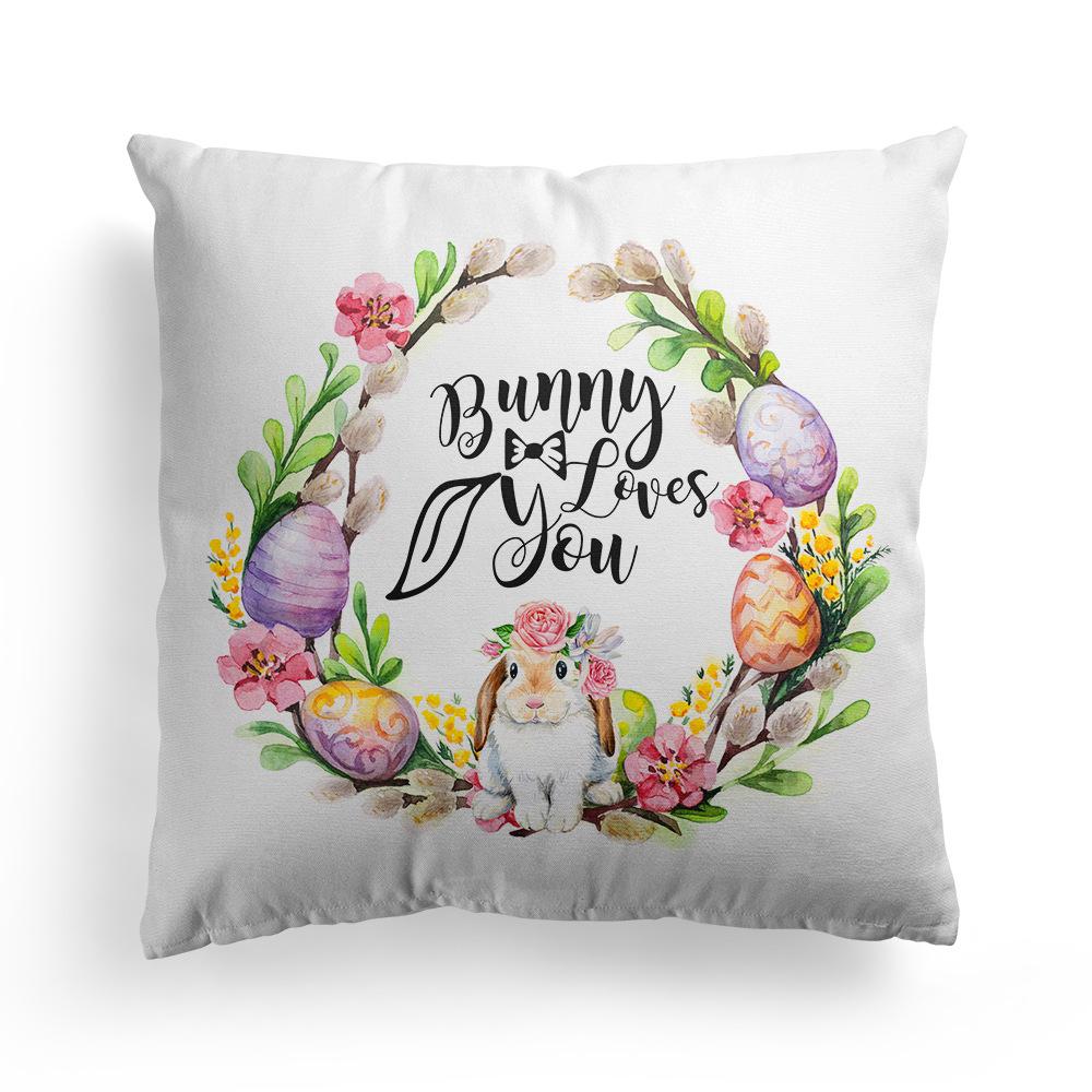 New Spring Easter Pillow Case Bunny Flowers Wreath Peach Skin Fleece Print Pillow Clothes Cover