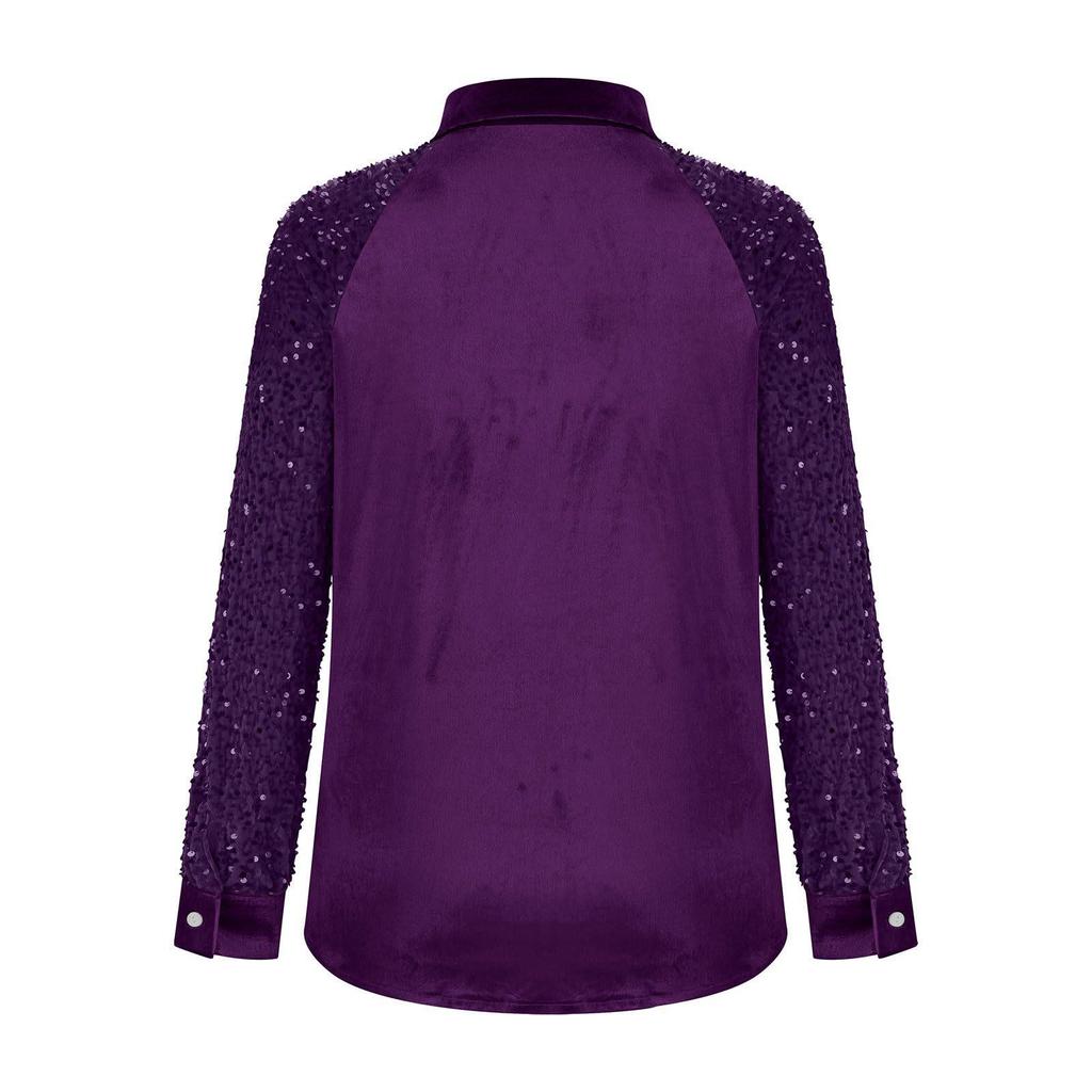 Haut Européen en Velours pour Femme avec Patchwork Manches à Sequins, Collection 2025