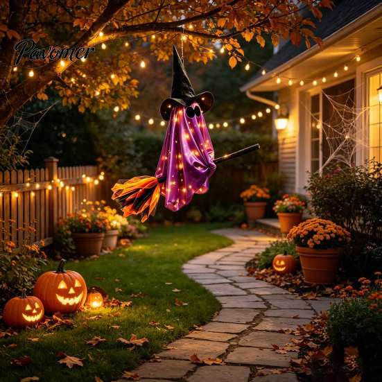 Creative Halloween Holiday Gifts Flying Ghost with Witch Broom, Large Lighted Hanging Decoration Waterproof Haunted House Supplies Hat for Lawn Patio