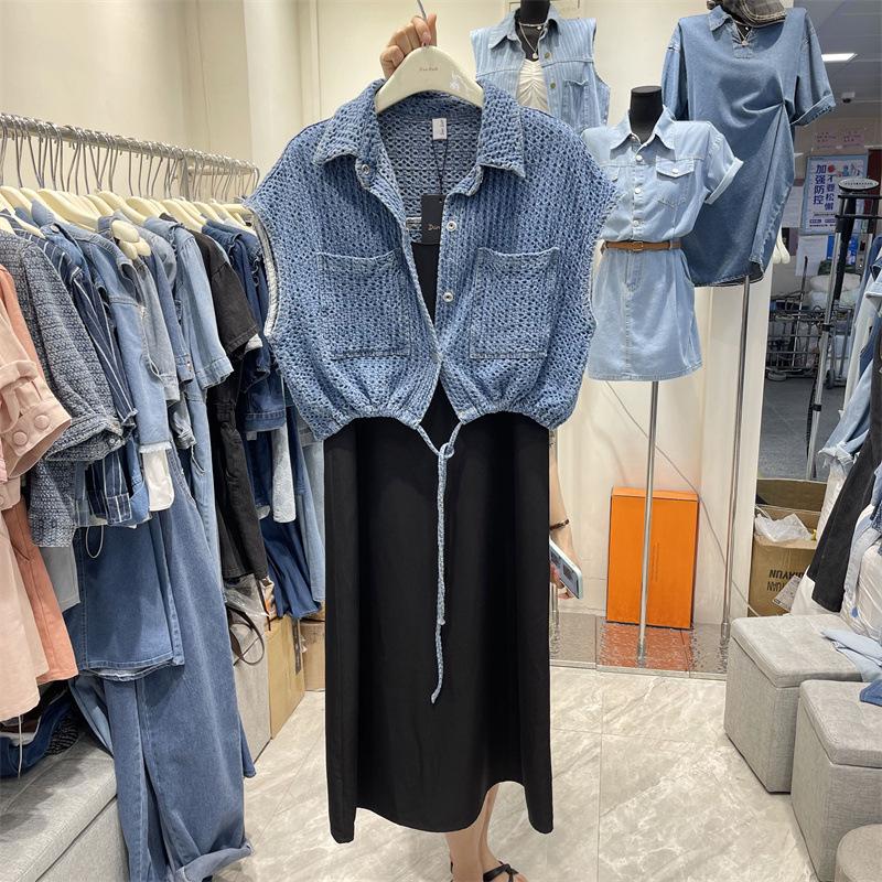 Women's Tweed-Style Denim Vest: Spring/Summer New Arrival, Loose Fit, Drawstring-Cinched Waist, Versatile Trendy Jacket