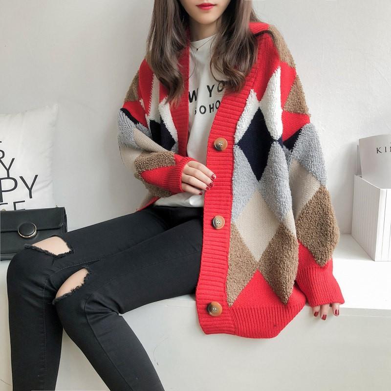 

WTEMPO Korean Version Sweater Cardigan Women s Loose Top Thick Knit Sweater S червоний