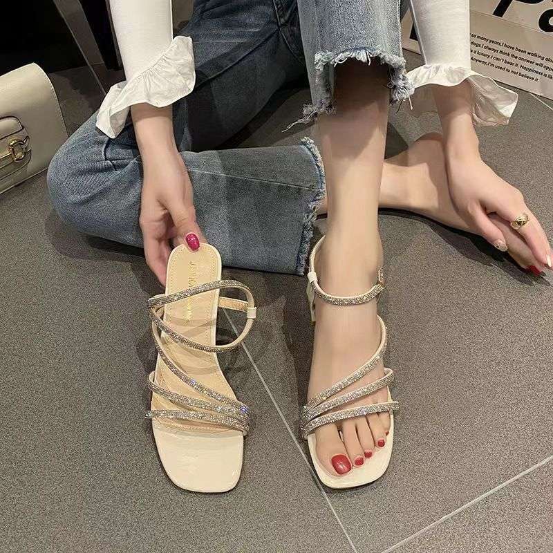 Rhinestone sandals women's thick heel 2025 new summer versatile square head fairy style with skirt high women's sandals