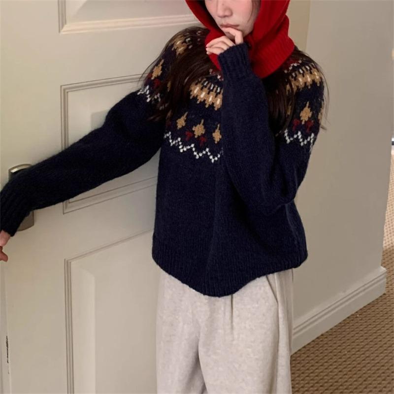 Контрастные цвета Вязаный свитер Fair Isle топ осень и зима новый свободный дизайн ниша круглый вырез пуловер свитер женская одежда One size