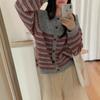 Striped knitted cardigan retro design round neck loose and thin design casual age-reducing sweater jacket