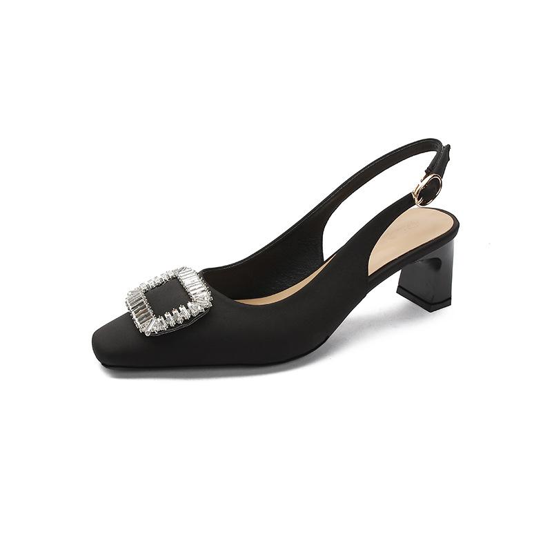 Baotou Sandals Women's Thick Heel 2025 New Rhinestone Buckle Empty Single Shoes Middle Heel Summer Word with Square Head High Heels