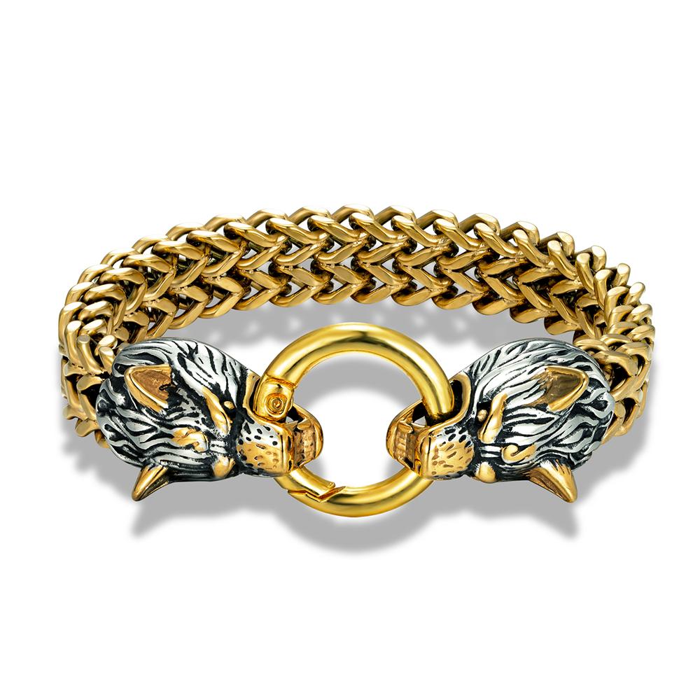 Bracciali Punk Vichinghi Norreni Testa di Lupo Catena a Rete in Acciaio Inossidabile Colore Oro Braccialetto Amuleto Nero Antico Gioielli Accessori Maschili