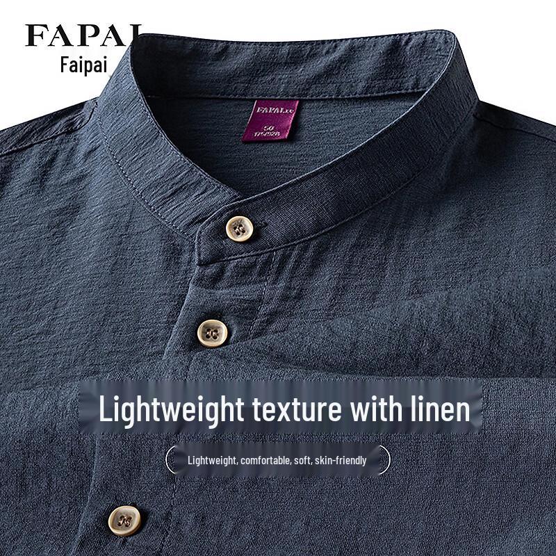 FAPAI Men's Summer Casual Stand Collar Short Sleeve Linen Blend Shirt