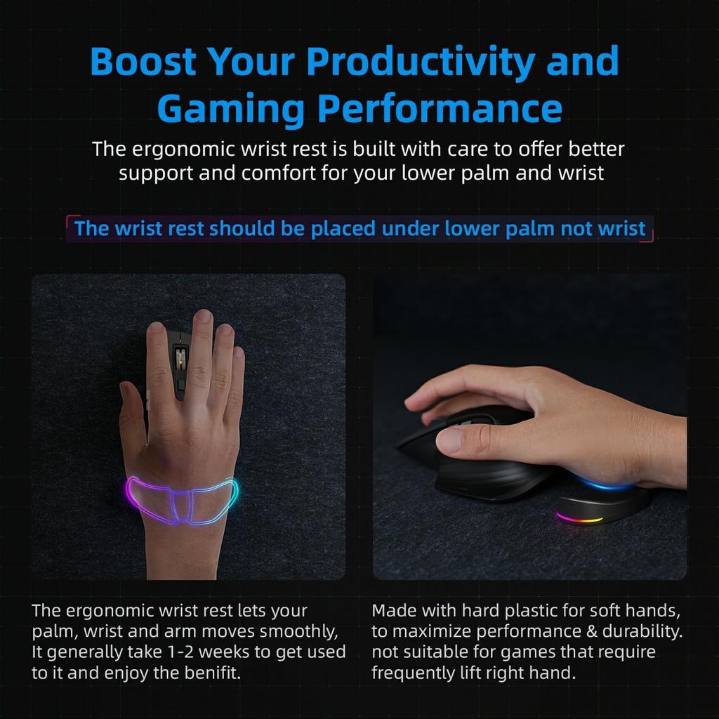 HornsX1 Right-Handed RGB Ergonomic Gliding Palm Rest for Mouse, Wrist Rest Pad, 3 RGB Lighting Modes, Reduce Wrist Pain, Anti-Fatigue, for