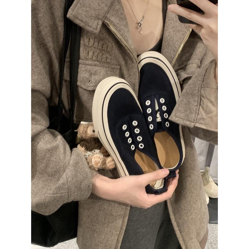Sheepskin one-pedal round head muffin thick-soled versatile board shoes canvas shoes spring and autumn color matching casual shoes
