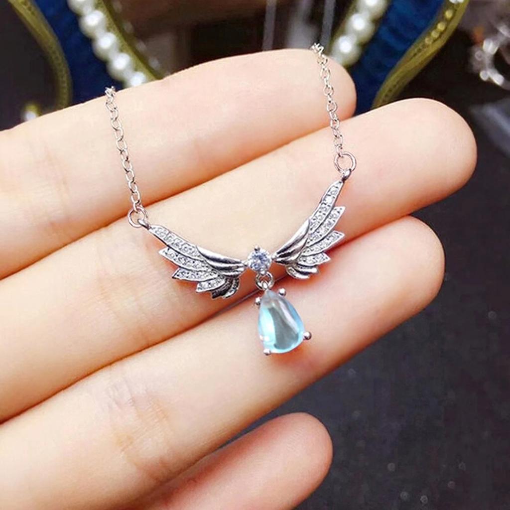 Double Angel Wing Paved Small Stone Dangling Light Blue Teardrop Stone Pendant Women Clavicle Necklace