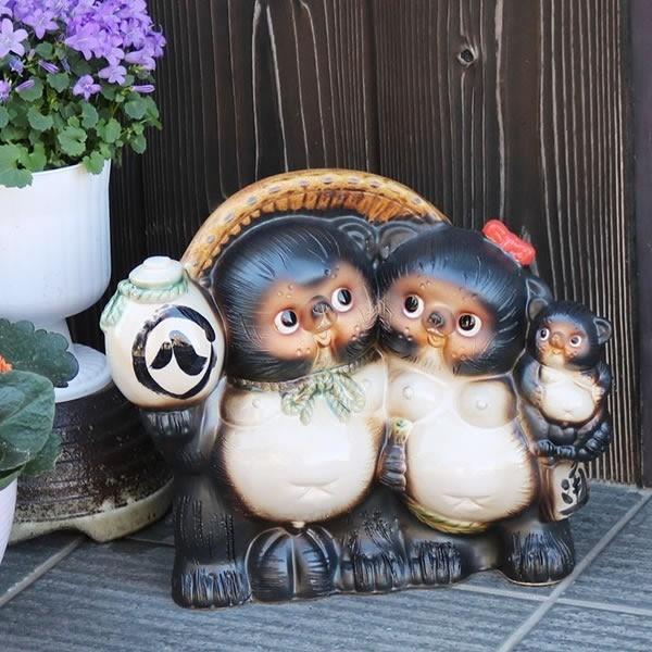 Shigaraki Ware Family Tanuki Japanese Raccoon Dog Statue Pottery Lucky Charm JP