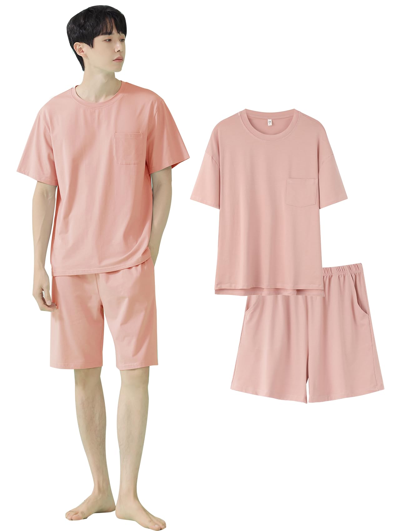 

Короткие Свободные Модальные Светло-розовые Светло-розовые [Beatgos] Пижамы, Домашняя одежда, Одежда для дома, Мужские, Летние, Рукав, Комплект, Посадка, Тонкие, Прохладные, (713 & 2XL)