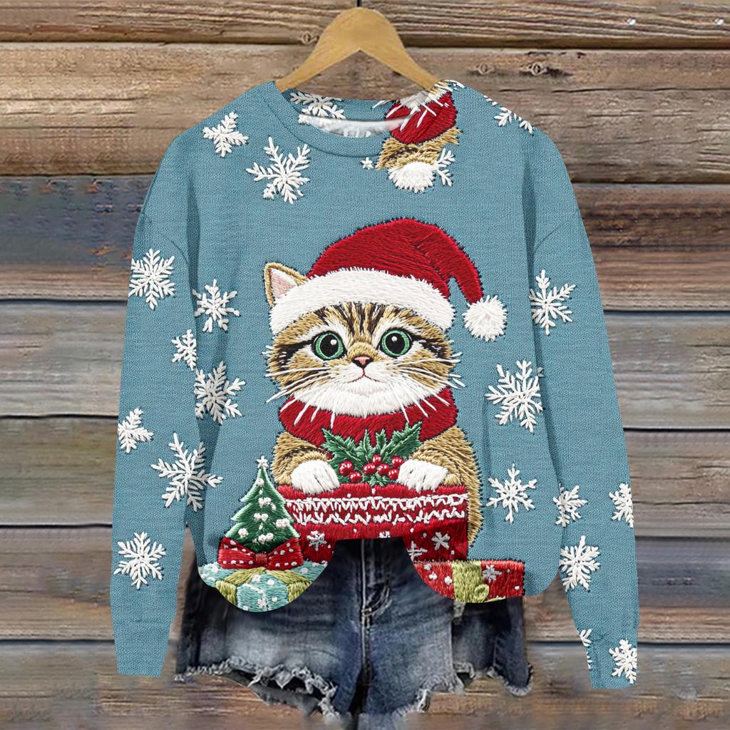 Ladies' Christmas Printed Casual Long Sleeved Round Neck Sports Hoodie Top