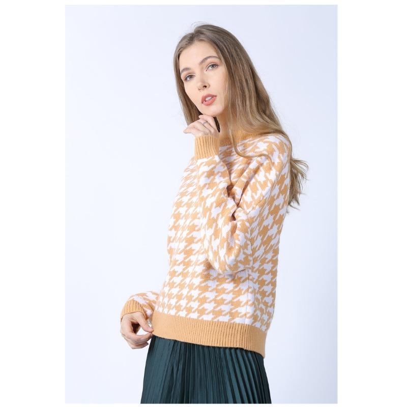 Pulover tricotat în carouri, cu gât rotund, cu mâneci lungi, pentru femei, tricotaje scurte, îngroșate, calde, Harajuku, pentru navetă, ocazional, toamnă, iarnă, cămașă cu fundul