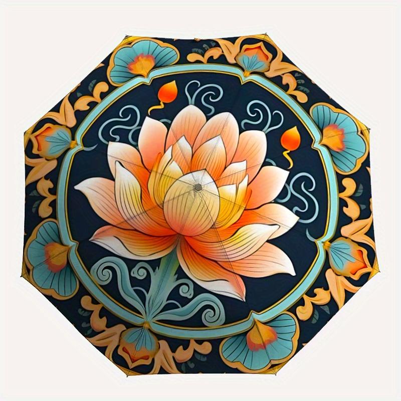 

1pc Lotus Mandala Automatic Open/close Folding Compact Umbrella, 8-Rib Sturdy Canopy, Lightweight Portable, Everyday Use, Gift, Outdoor Umbrella, Trav