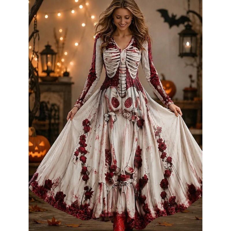 Halloween Long A-Line Dress Vintage Bohemian Style Skull Print V-Neck Full Sleeve Party Wear