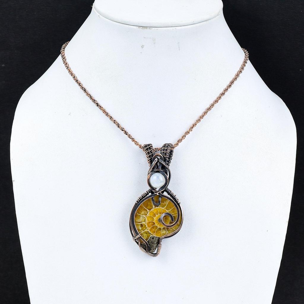 Ammonite Fossil 999 Copper Wire Wrapped Pendant, Handmade Gemstone Jewelry Pendant For Memorial Day