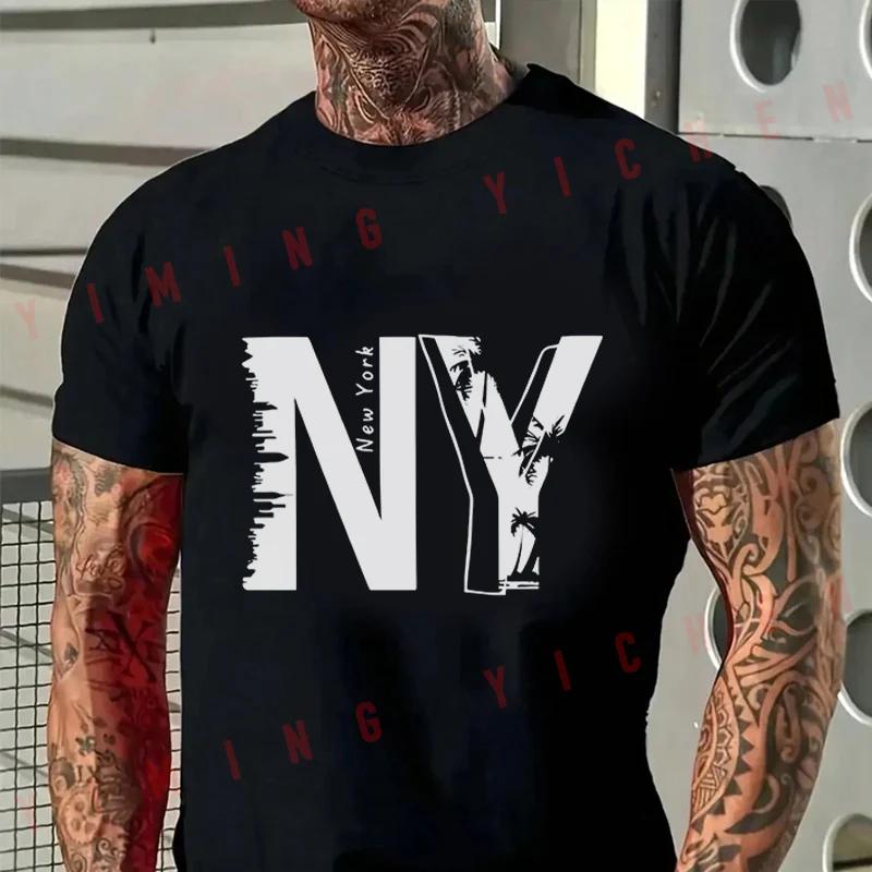 Men T-Shirt NY Graphic - Black Tee With White NY Letters Motorcycle Cotton O-neck Short Sleeve