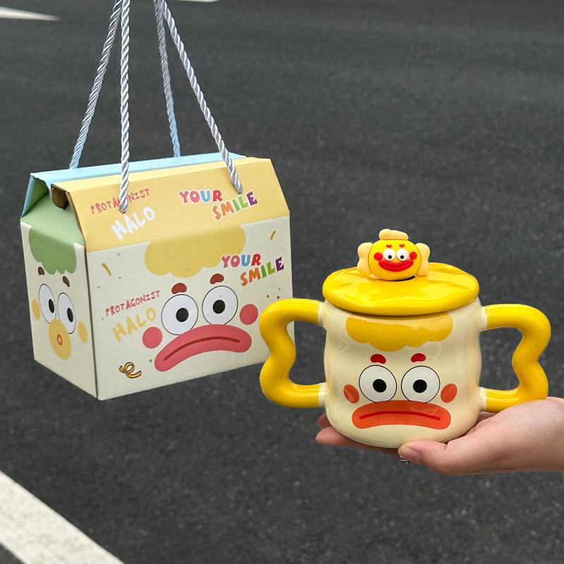 Cute Mug Ceramic Cup with Lid Spoon Boys and Girls Household Water Cup Coffee Milk Cup Birthday Gift