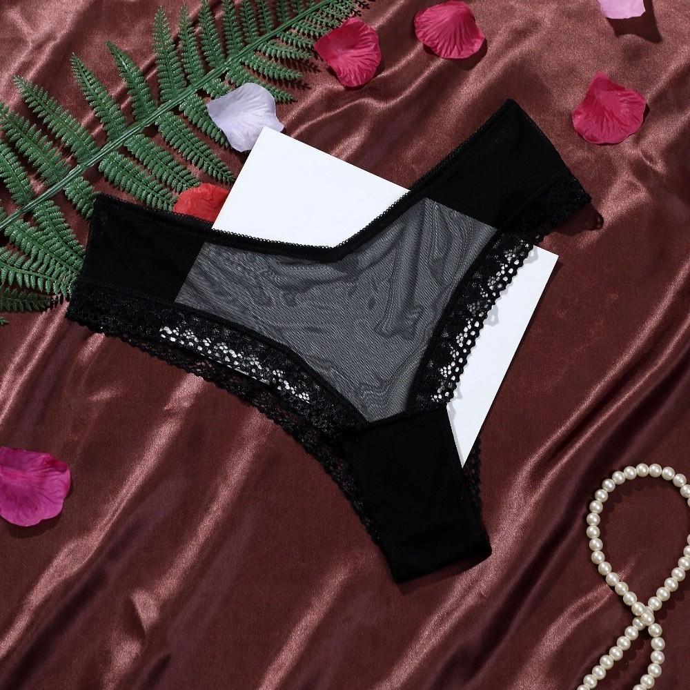 Low Waist Mesh Floral Panties Female Lingerie Patchwork Lace Flower Transparent Briefs Underwear Hollow Mesh Sheer Lace Thong