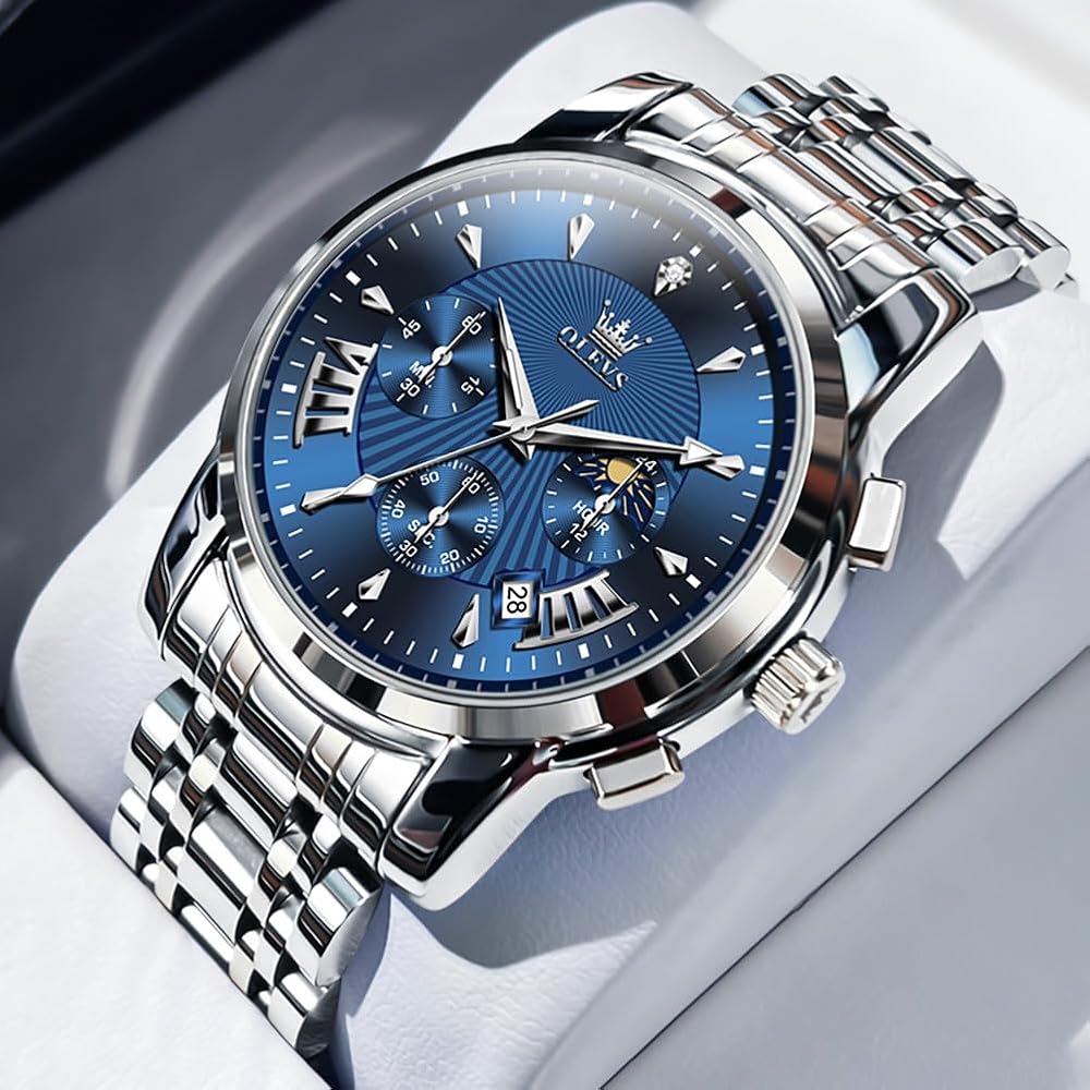 OLEVS Men's Chronograph Watch Blue/White Analog Waterproof Business Style Large Display Quartz
