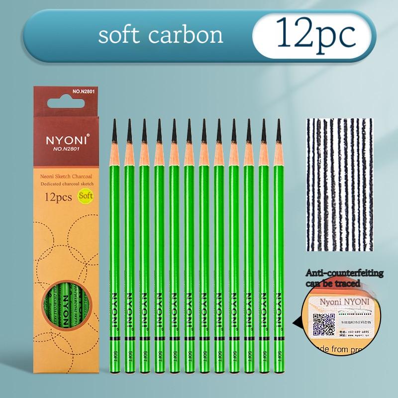 12Pcs NYONI Charcoal Pencil Artist Drawing Tools for Sketch,Shading,Caricature,Engineering Drawing Pens Art Stationery Supplies