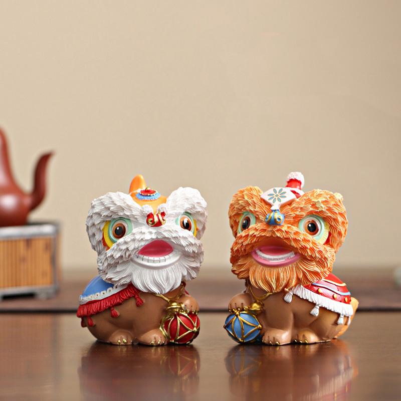 Resin Lion Dance Sculptures and Figurines Chinese Characteristic Mascot Luxury Home Room Office Table Decoration and Accessories