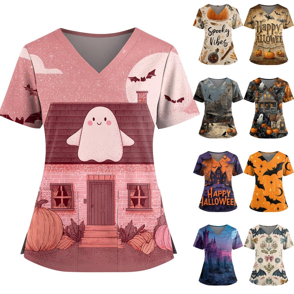 Women's Halloween Printed V-Neck Double Pocket Short Sleeves Hem Slit Uniform Caregiver Top