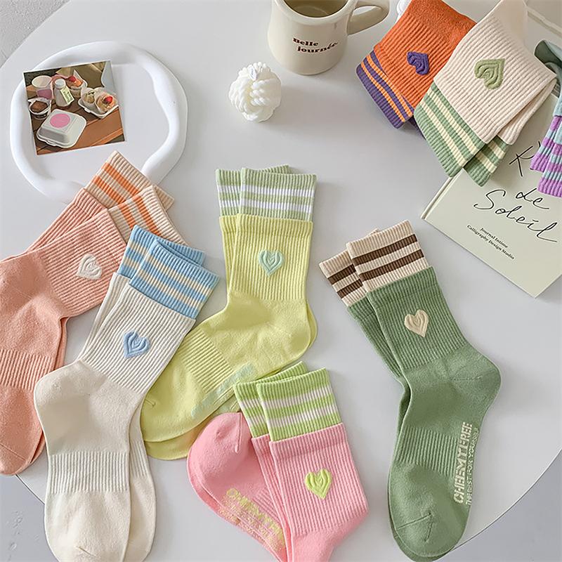 Sweet Style Double Love Socks Macaroon Color Love Heart Embroidered Cotton Sock Harajuku Striped Socks
