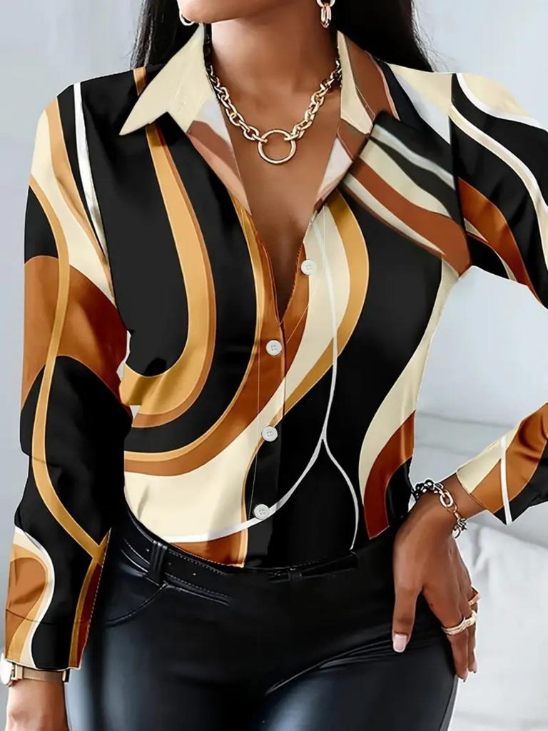 Stylish Chain Print Long Sleeve Shirt, Women's Blouse