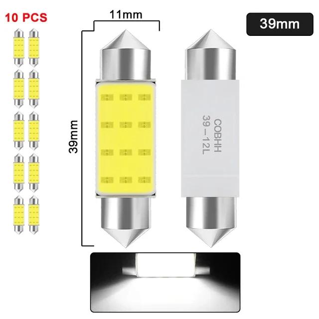 10PCS C5W/C10W LED Bulbs - 31/36/39/41/42mm 12V COB 7000K White for Car Dome/Trunk/License Plate Lights (Festoon Style)
