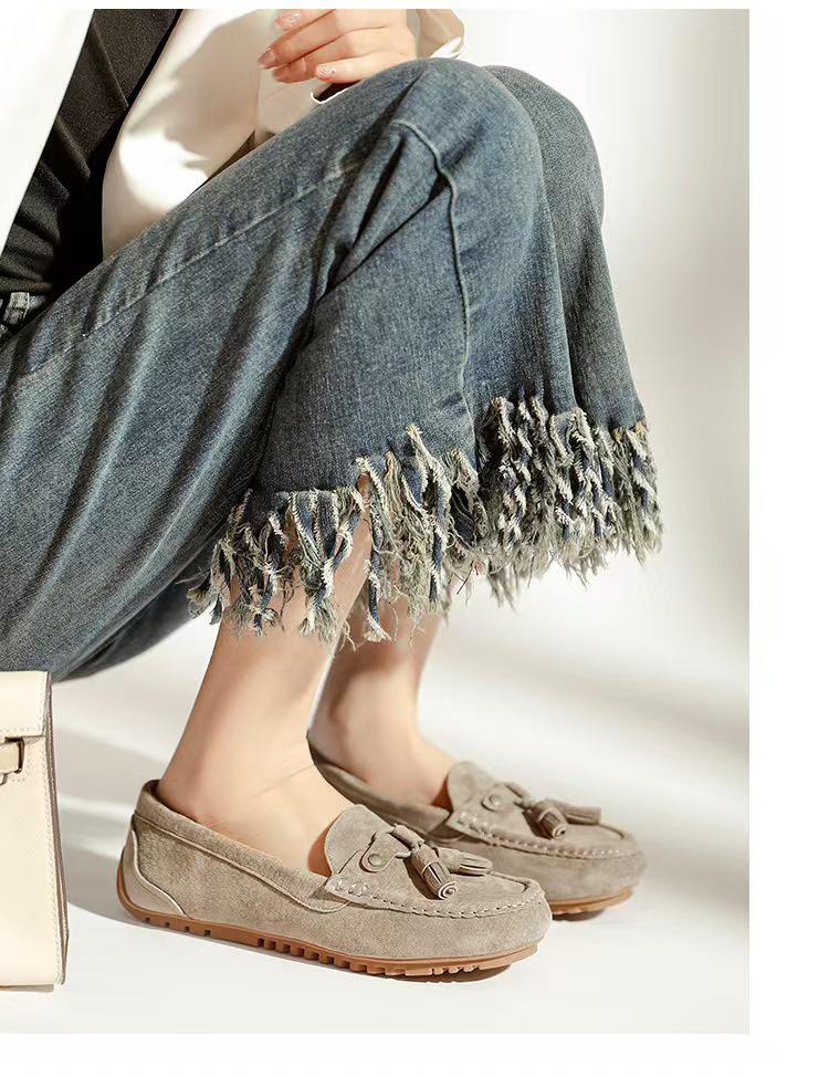 2025 Damen Echtleder Quasten Rutschfeste Slipper – Lässige Slip-on Umstandsschuhe