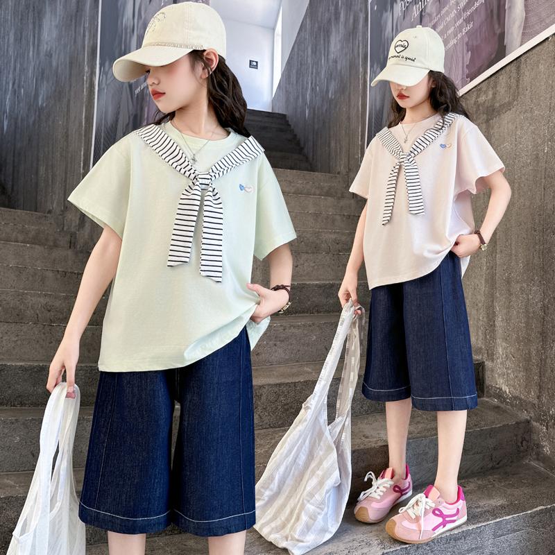 Girls' College Style Set 2026 Summer New Striped Tie T-shirt Clear Color Jeans Middle and Large Children's Two Piece Set